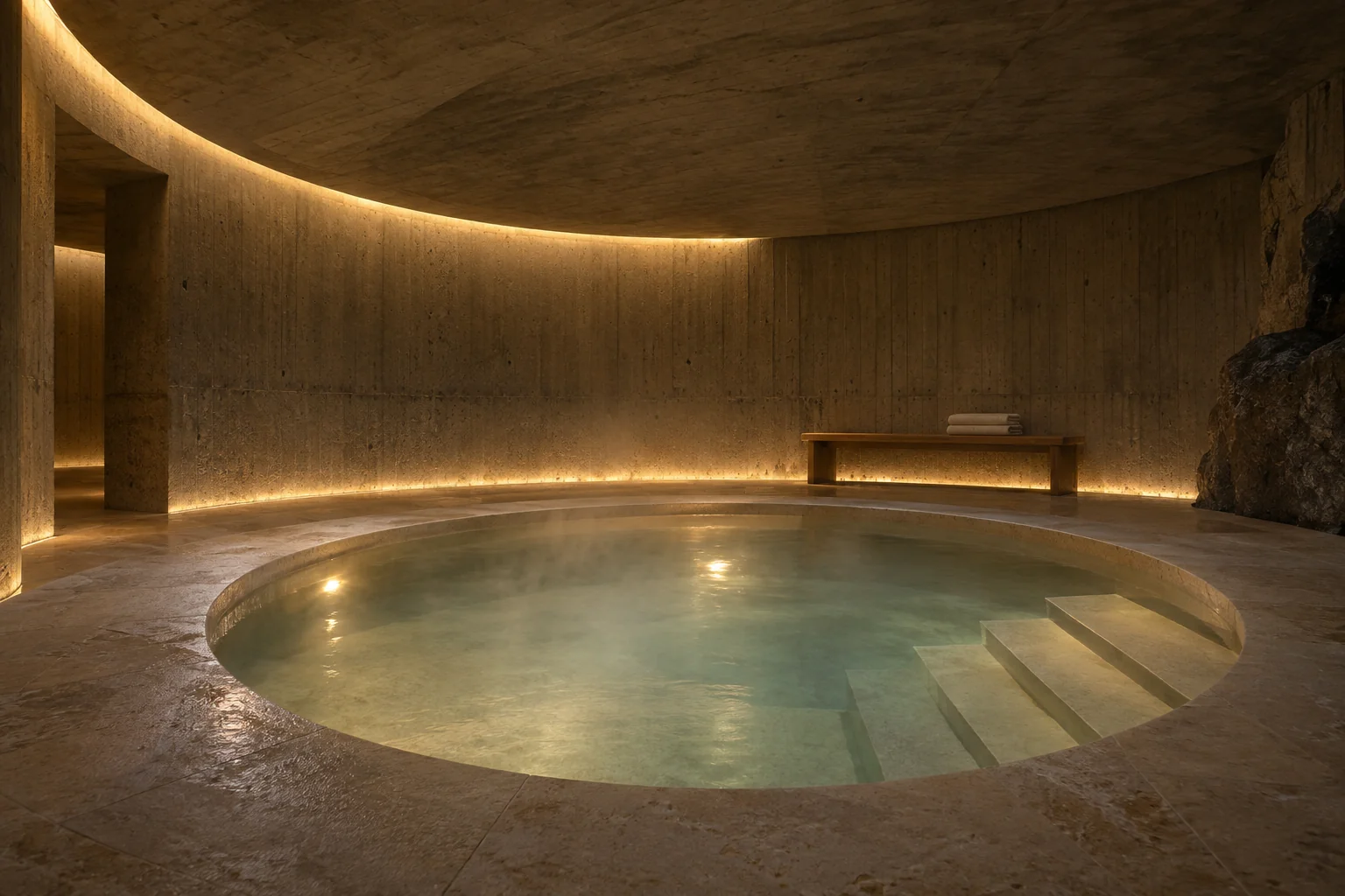 Подземное SPA с округлыми бетонными сводами, тёплой купелью и мягким янтарным освещением