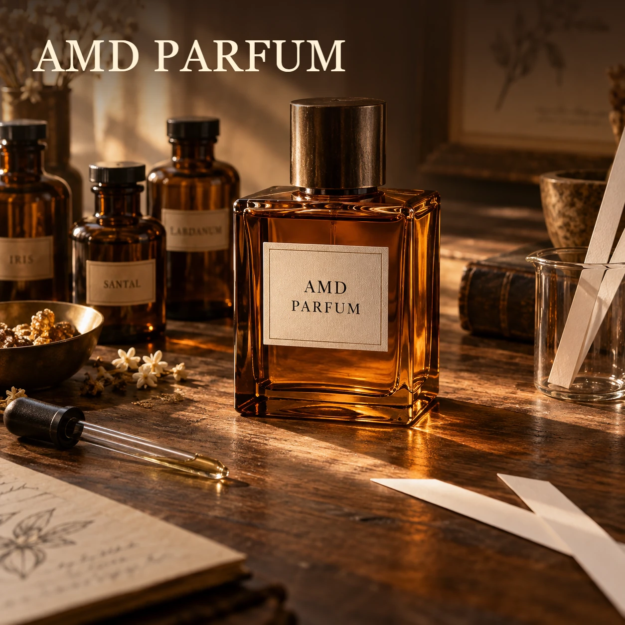 AMD PARFUM: янтарный флакон в парфюмерном ателье среди ингредиентов, пипеток и блоттеров