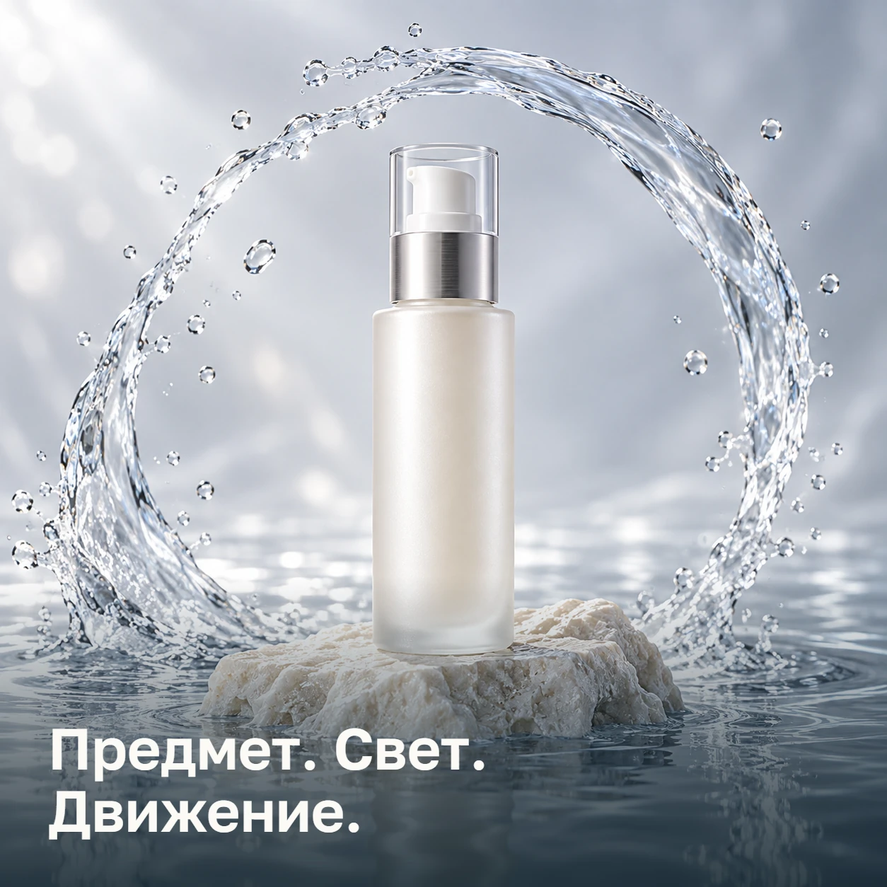 Предмет. Свет. Движение.: жемчужный косметический флакон на камне в кольце прозрачной воды