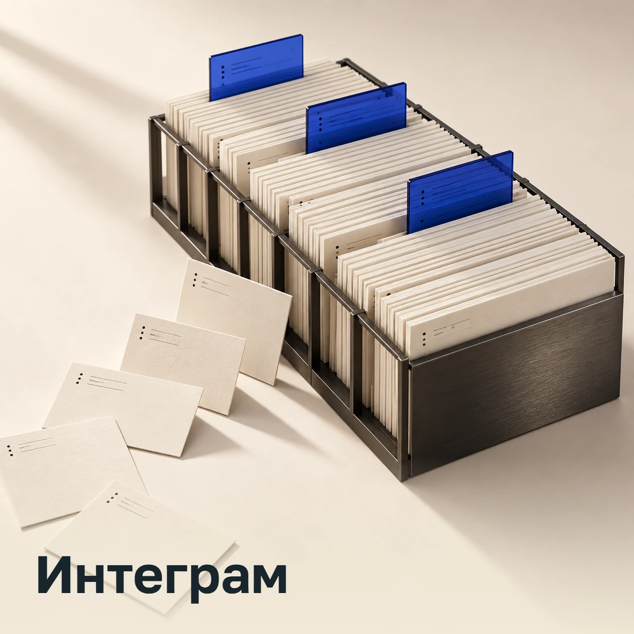 Интеграм: концептуальная обложка с упорядоченными карточками реестра и синими стеклянными разделителями