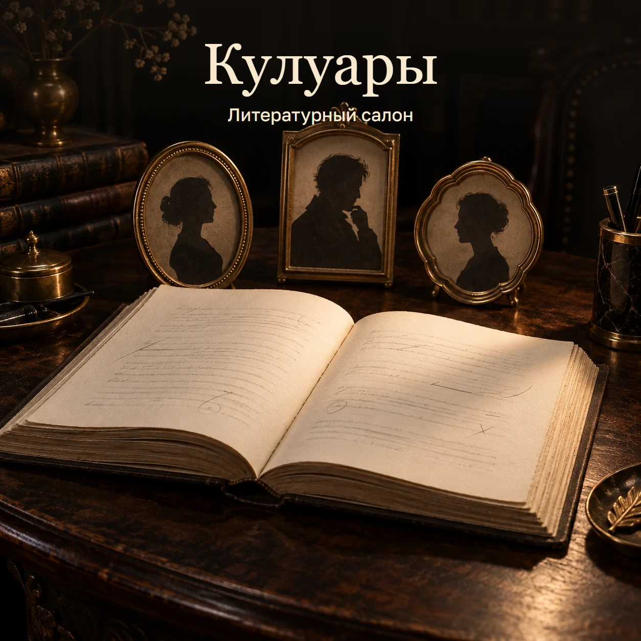 Кулуары: концептуальная обложка с раскрытой рукописью и силуэтами трёх читателей в латунных рамках