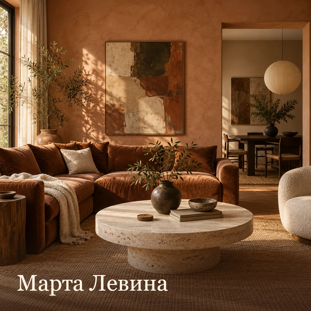 Марта Левина: тёплая терракотовая гостиная с мягким диваном и круглым каменным столом