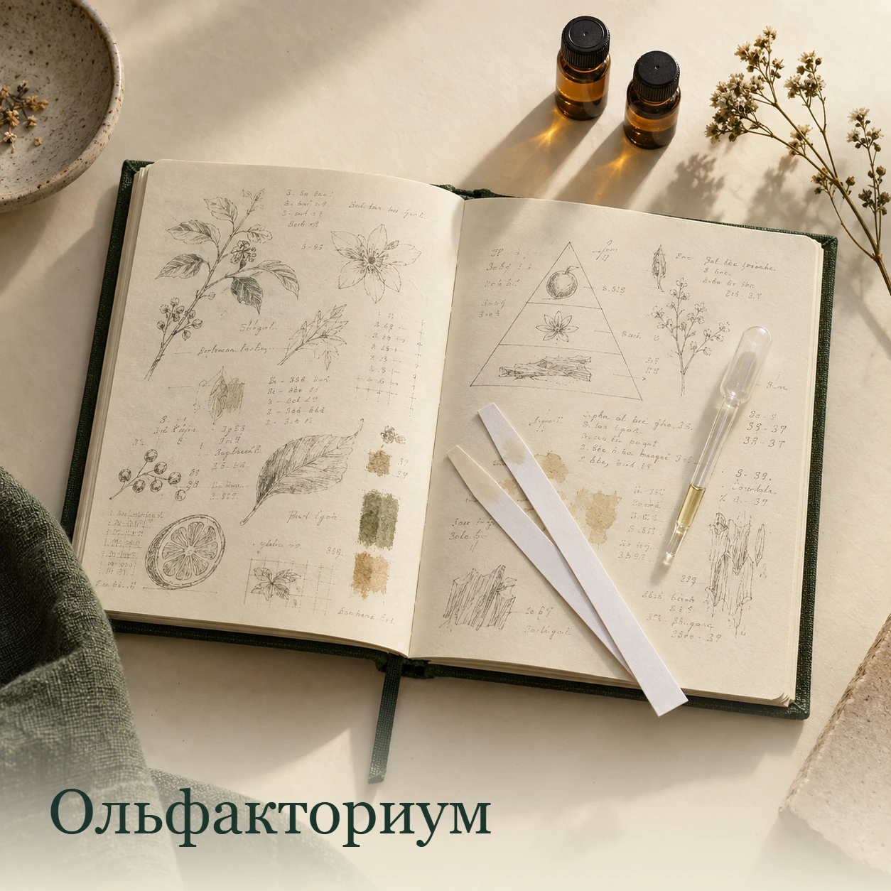 Ольфакториум: раскрытый журнал парфюмера с ботаническими зарисовками, блоттерами и пипеткой