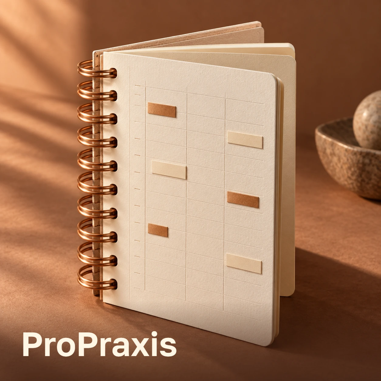 ProPraxis: концептуальная обложка с бумажным ежедневником, медной спиралью и отметками записей