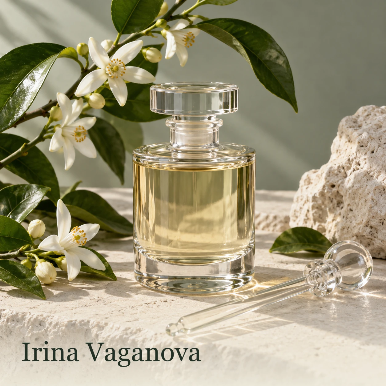 Irina Vaganova: прозрачный флакон духов и стеклянная пипетка рядом с цветущей ветвью