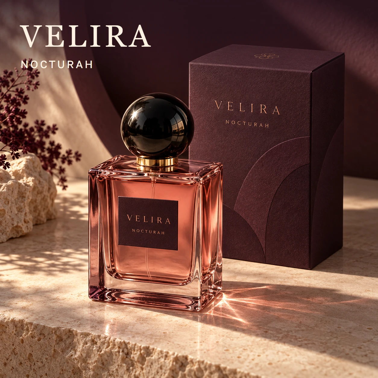 VELIRA · NOCTURAH: розовый флакон с чёрной сферической крышкой и сливовая упаковка на каменной поверхности